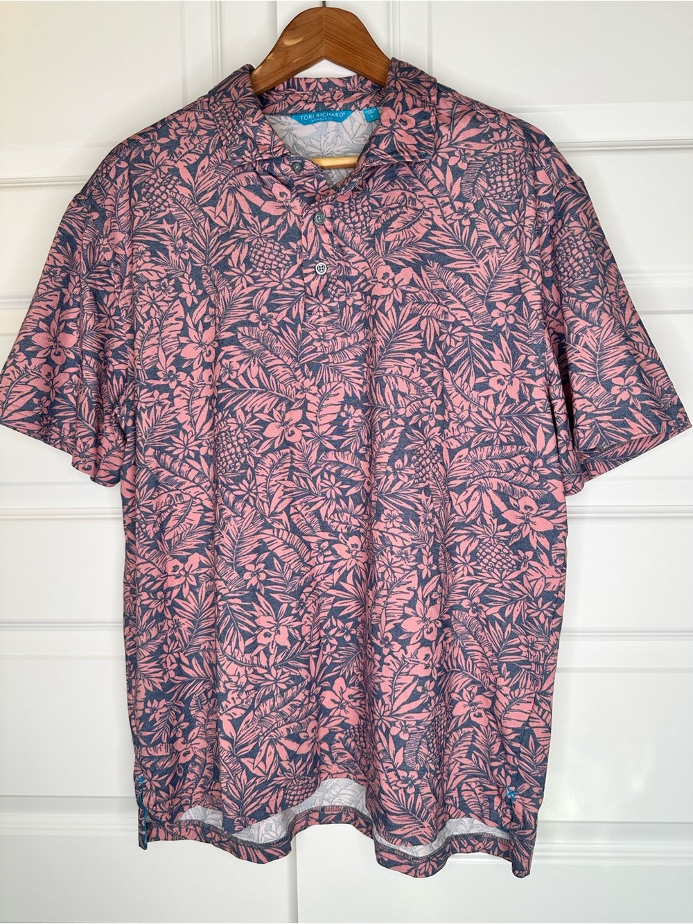Tori Richard Honolulu Aloha Shirt Men’s Large Pink Blue Tropical Print EUC
